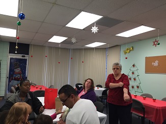 Families gather in the pancake room for lunch